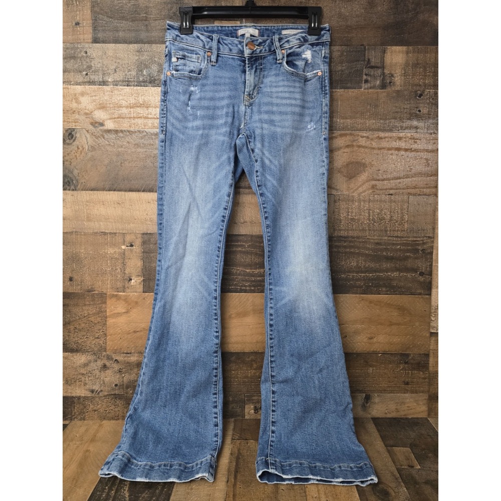 Dear John Rosie Flare Mid Rise Jeans Collister Stretch Distressed Denim